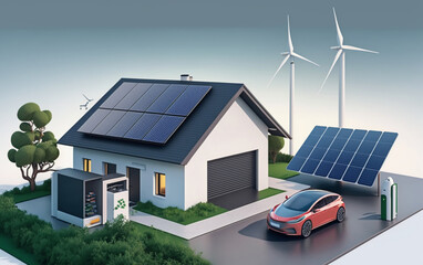 Home electricity scheme with battery energy storage system on modern house photovoltaic solar panels and rechargeable li-ion backup. Electric car charging on renewable smart power Generative AI