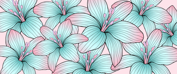Stylish bright vector floral background with blue lilies for decor, backgrounds, covers, presentations