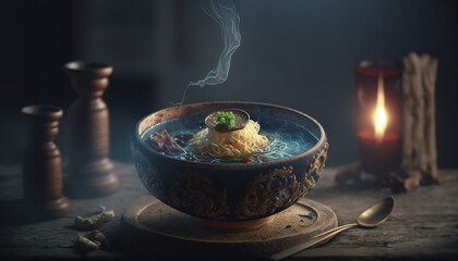 Ramen plate with spicy noodle soup in dark background photography