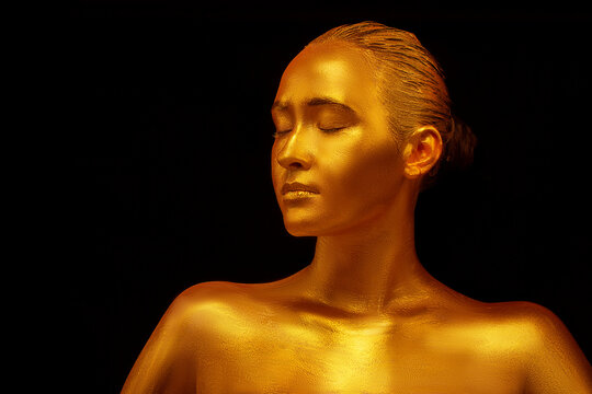 Model girl with golden professional art make-up on a black background. Beautiful golden metallic body, lips and skin