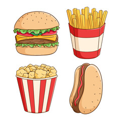 junk fod collection with burger, hot dog, french fries and pop corn