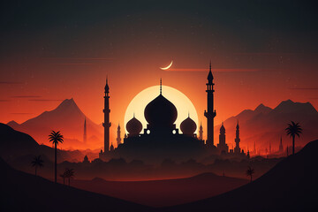 Islamic mosque silhouette, a cinematic picture. Generative AI