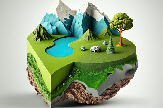 3D land with mountain isolated , Piece of earth land green field, generative AI