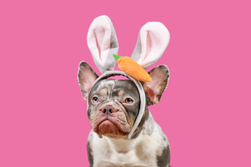 Merle French Bulldog dog wearing Easter bunny costume eras on pink background