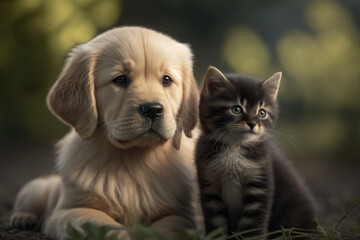 Cute puppy and kitten go on an adventure