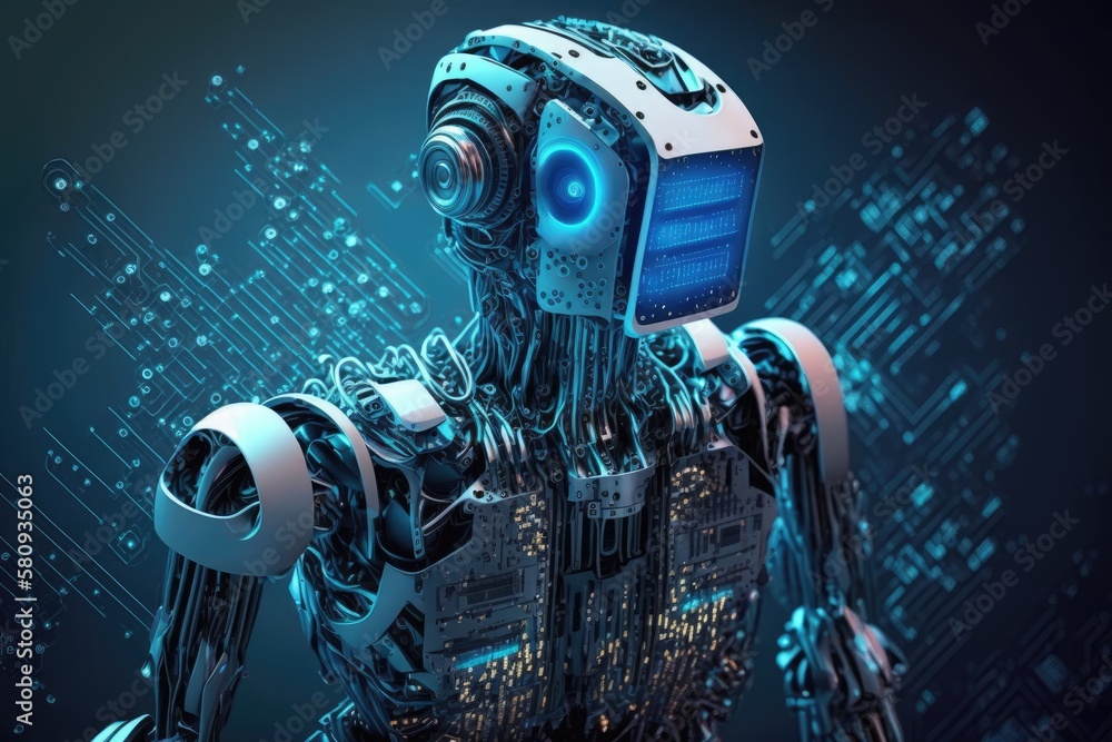 Poster artificial intelligence robot future looking blue background, self learning artificial intelligence 
