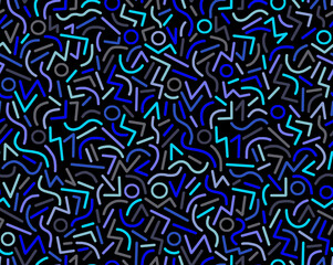 Abstract drawing of geometric shapes in blue colors on a black background, hand-drawn, seamless drawing.