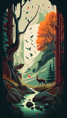 A beautiful view of the ravine and tall pine trees and rocks. cozy illustration. Generative Ai