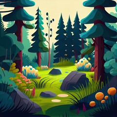 Beautiful landscape of a rural area, with a mountain range, dense forest, coastal meadows and tall pine trees in the foreground. cozy illustration. Generative Ai