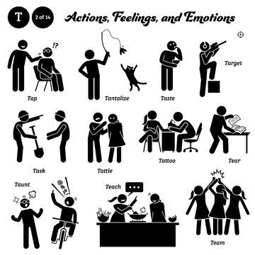 Stick figure human people man action, feelings, and emotions icons alphabet T. Tap, tantalize, taste, target, task, tattle, tattoo, tear, taunt, teach, and team...