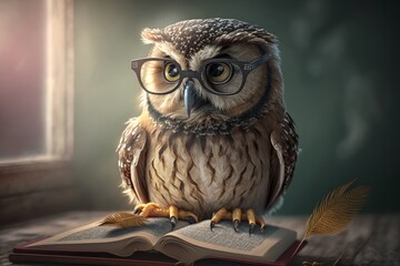 Owl in glasses and a book on a wooden background. The concept of education. Generative AI