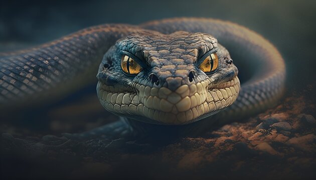Scary Snake, aggressive, territorial, venomous, ready to attack. Photorealistic illustration. Generated by AI.