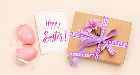 Gift box, Easter eggs and flowers