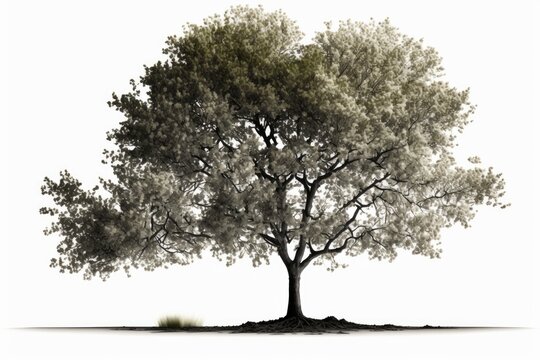 tree with a white background, isolated. solitary white background with a single spring tree. Generative AI