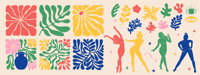 Groovy doodle and abstract art poster set. Matisse random organic shapes and female silhouettes in trendy retro 60s 70s style.