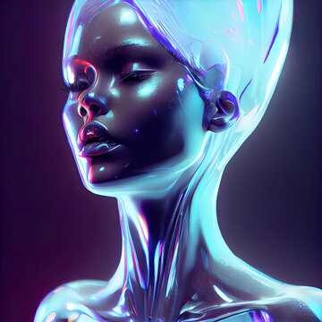 Woman encased in glass, opalescent, dripping with luminous body paint