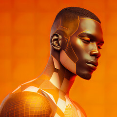 handsome african masculine android man looking down, vibrant-orange background. AI-Generated