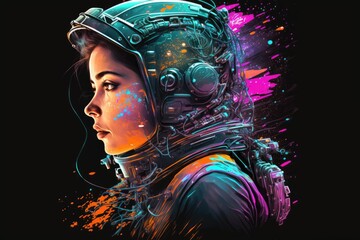 Cyberpunk astronaut female wearing a futuristic helmet illustration. Generative AI