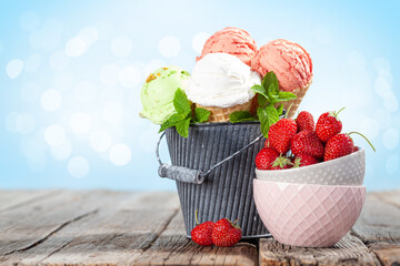 Various ice cream in waffle cones