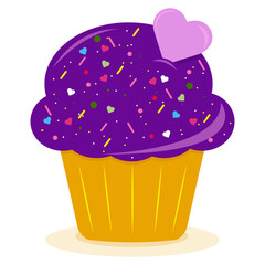 Delicious cartoon bright colorful cupcake with big cream, hearts, flowers, fruits and berries. Cupcake for cards and invitations. Vector illustration dessert.