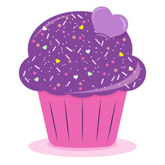 Delicious cartoon bright colorful cupcake with big cream, hearts, flowers, fruits and berries. Cupcake for cards and invitations. Vector illustration dessert.