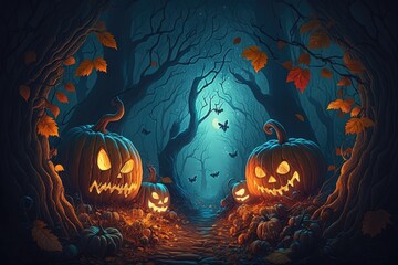 Fototapeta premium Thanksgiving and halloween pumpkins in autumn forest. Fall season landscape with pumpkin field. Festive holiday greeting card wallpaper. Dark magic wood november scene. Generative AI