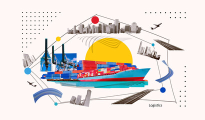 Industrial container cargo freight ship for import or export in port. Abstract design background, trucks and transport. Highway and delivering. Logistics concept
