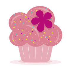 Delicious cartoon bright colorful cupcake with big cream, hearts, flowers, fruits and berries. Cupcake for cards and invitations. Vector illustration dessert.