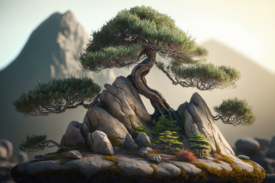 Bonsai Bäume auf Felsen im Sonnenuntergang. KI generierter Inhalt.