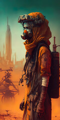 Fototapeta na wymiar An adult in dunepunk attire with astrolabe eye implants stands amidst a dust storm. AI-Generated