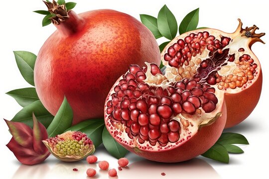 Pictures of pomegranates on a white background. Generative AI