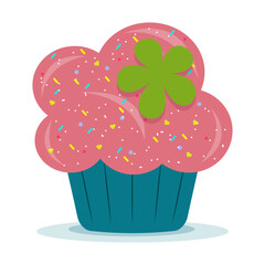 Delicious cartoon bright colorful cupcake with big cream, hearts, flowers, fruits and berries. Cupcake for cards and invitations. Vector illustration dessert.