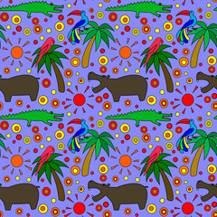 Seamless pattern with palm trees and African animals on a blue background.