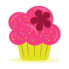 Delicious cartoon bright colorful cupcake with big cream, hearts, flowers, fruits and berries. Cupcake for cards and invitations. Vector illustration dessert.