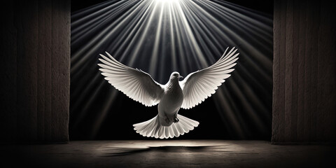 dove flying in a beam of light