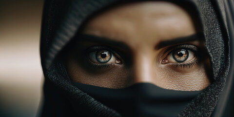 Naklejka premium Middle Eastern woman wearing a black niqab hijab looks straight into the camera with slight sorrow. AI-Generated