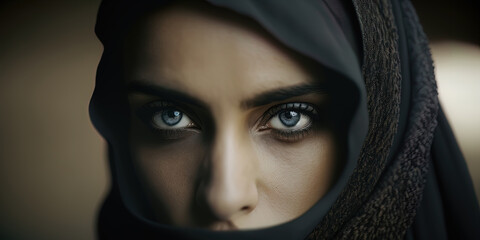 Naklejka premium Middle Eastern woman wearing a black niqab hijab looks straight into the camera with slight sorrow. AI-Generated