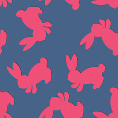 Seamless pattern with color silhouette Easter rabbits on blue background. Design for card, postcard, wallpaper, fabric, textile. Vector stock illustration. Cartoon style