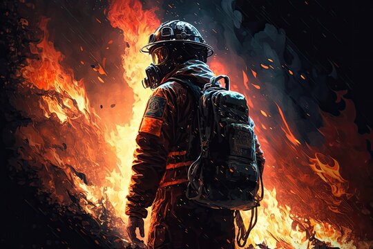 The firefighter and a large fire. Generative AI