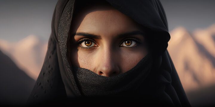 A Middle Eastern woman wearing a black niqab hijab gazes with an inquisitive and anxious expression amidst a dusty environment and bokeh mountains. AI-Generated