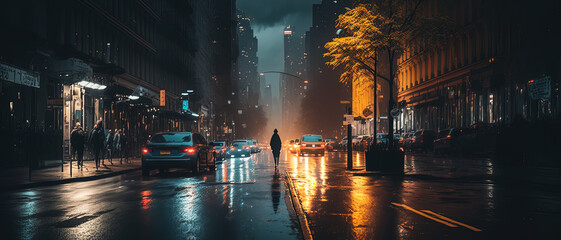 Obraz premium new York city street at night, wet street. AI-Generated