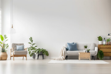 Living room interior wall mockup in warm tones with beige linen sofa, dried Pampas grass, woven table decoration on empty wall background. 3D rendering, illustration. Generative AI