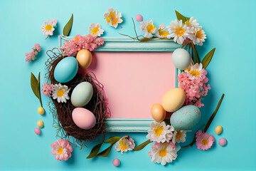 Naklejka na ściany i meble Get in the Easter Spirit with a Stunning Graphic Background Featuring Eggs and Flowers on an Azure and Pink Frame Banner - Perfect for Copy Space! Generative AI