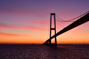 Fototapeta na wymiar Bridge sunset big belt modern denmark nyborg korsor bridge