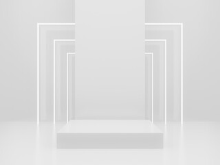 3D White Sci-Fi product display mockup. Scientific background with white neon lights.