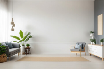 Obraz na płótnie Canvas Living room interior wall mockup in warm tones with beige linen sofa, dried Pampas grass, woven table decoration on empty wall background. 3D rendering, illustration. Generative AI