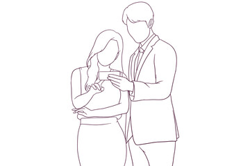 Young businesswoman and businessman standing together hand drawn vector illustration