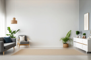 Living room interior wall mockup in warm tones with beige linen sofa, dried Pampas grass, woven table decoration on empty wall background. 3D rendering, illustration. Generative AI