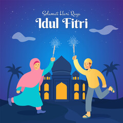 Selamat hari raya Idul Fitri is another language of happy eid mubarak in Indonesian. kids in muslim clothes jumping and playing with firecracker celebrating eid mubarak in the night