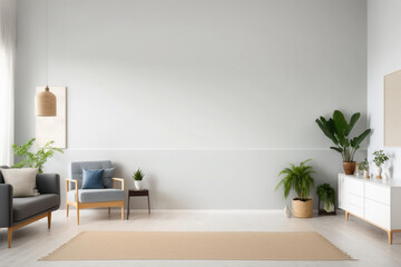 Living room interior wall mockup in warm tones with beige linen sofa, dried Pampas grass, woven table decoration on empty wall background. 3D rendering, illustration. Generative AI